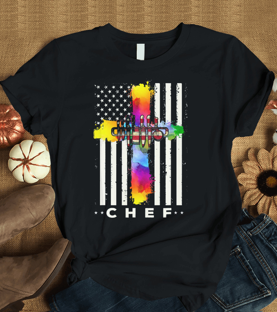 Chef American Flag Cross with Colorful Utensils T-Shirt