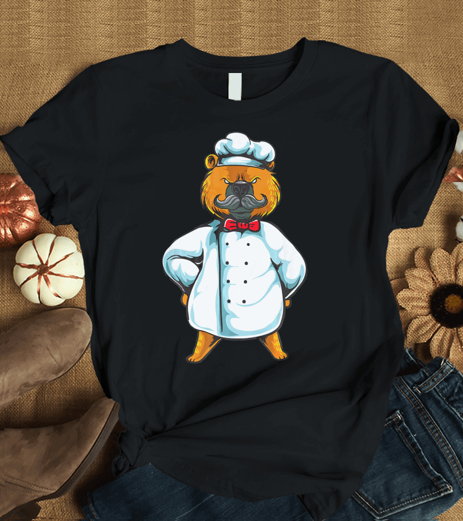 Chef Bear in Classic Culinary Attire with Red Bowtie and Moustache T-Shirt