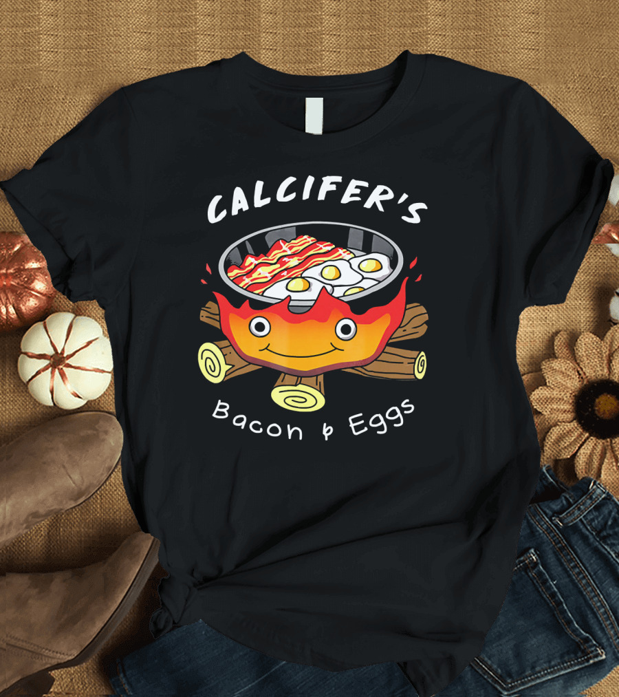 Calcifer's Bacon and Eggs Breakfast with Smiling Flame Cooking Fire T-Shirt