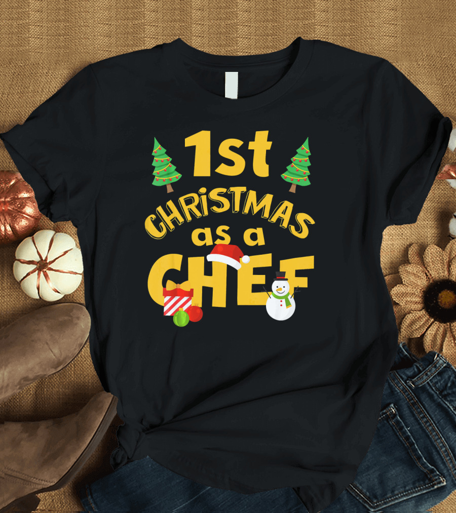 1st Christmas as a Chef with Santa Hat, Snowman, Gift, and Ornaments T-Shirt
