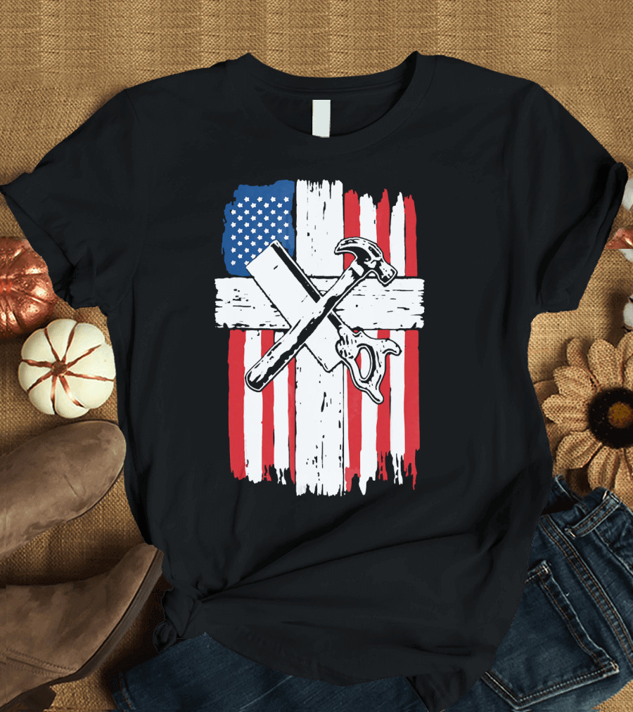 American Flag Crossed Hammer and Saw Carpenter T-Shirt