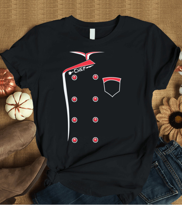 T-Shirt: Chef Uniform Jacket with Red Buttons and Fork T-Shirt Chef Uniform Jacket with Red Buttons and Fork T-Shirt