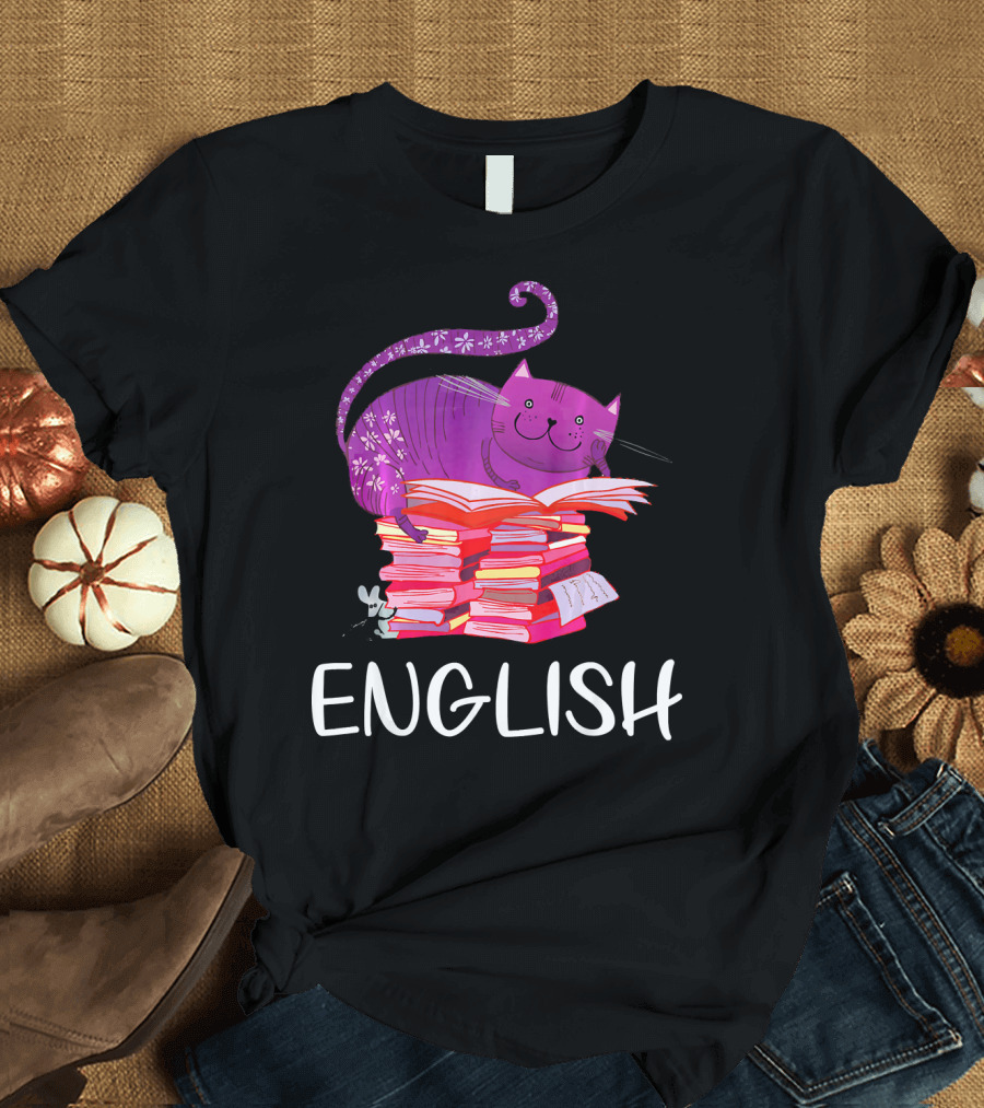Funny Cat on Book Stack with English Teacher Charm T-Shirt