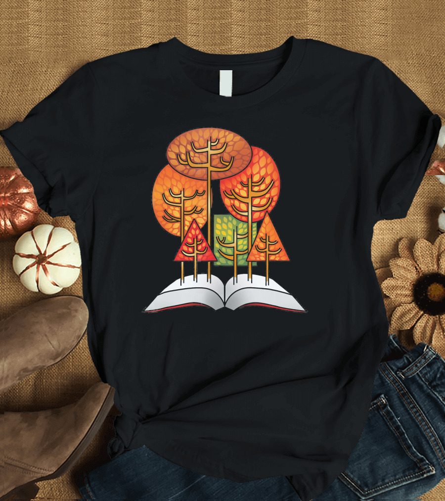 Autumn Libra Fall Into A Good Book Quiet Forest Scene T-Shirt