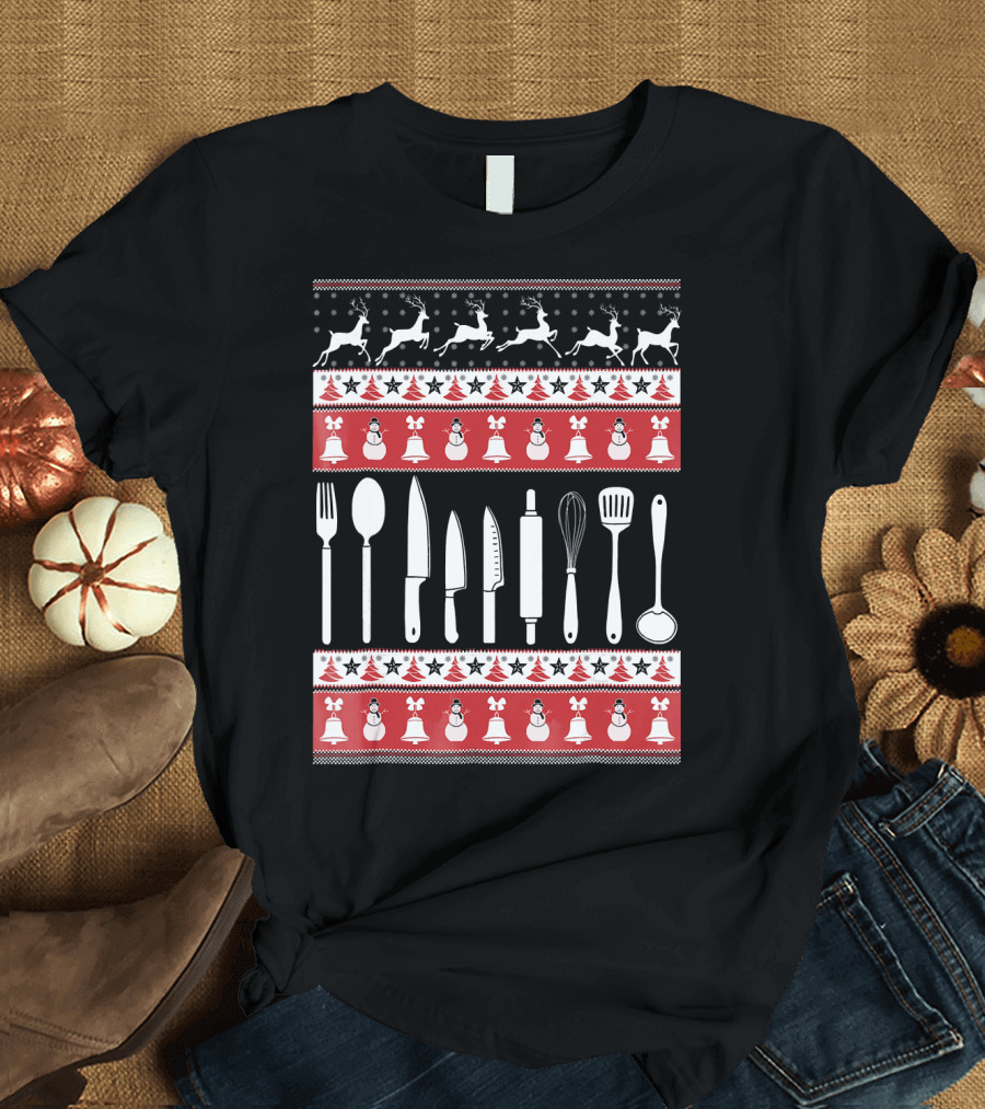 Christmas Kitchen Utensils Ugly Sweater Style Cook T-Shirt