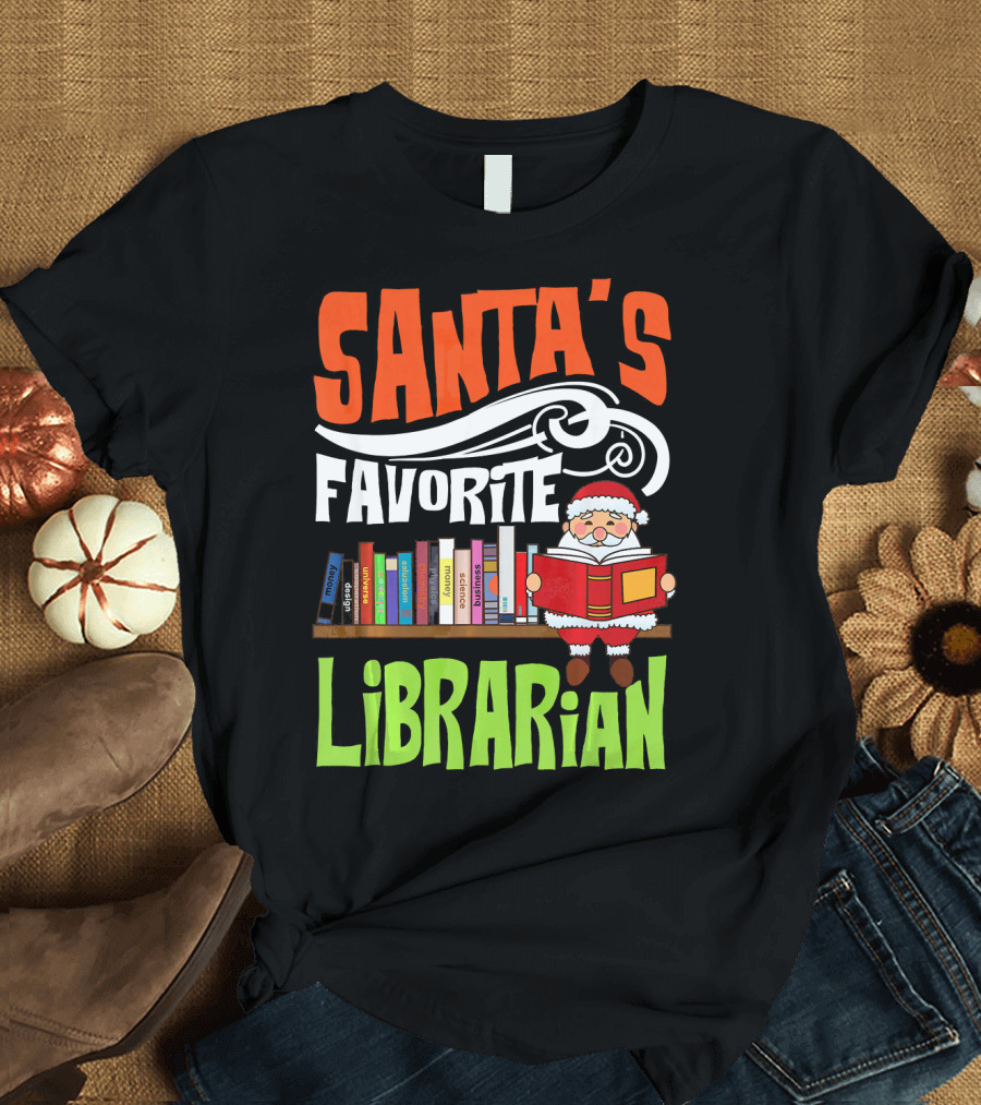 Santa's Favorite Librarian with Bookshelves and Santa Claus T-Shirt
