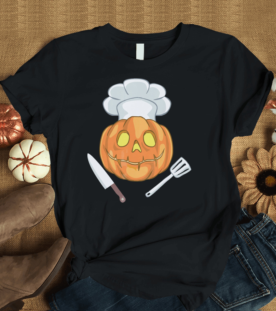 Funny Chef Halloween Pumpkin Face with Knife and Spatula T-Shirt