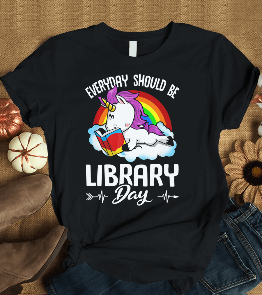 Everyday Should Be Library Day Unicorn Reading Rainbow Cloud T-Shirt