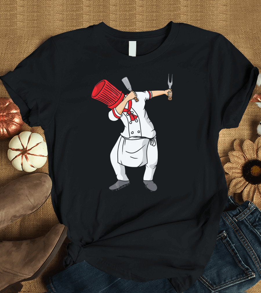 Dabbing Chef Hibachi Cook in Red Hat and Uniform T-Shirt