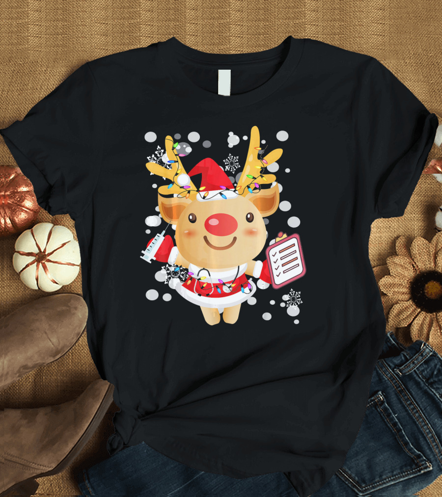 Funny Xmas Reindeer Doctor Nurse Santa Outfit Lights Snowflakes T-Shirt