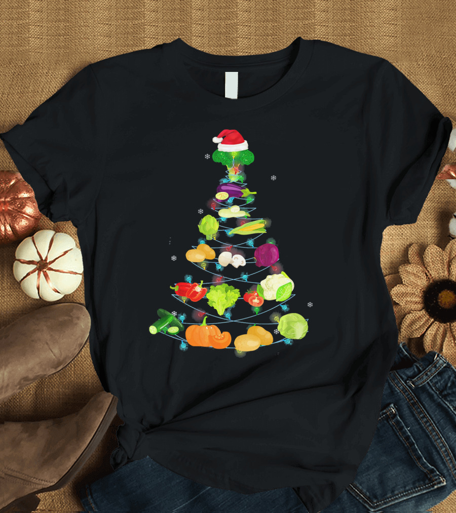Funny Vegetable Christmas Tree with Santa Hat T-Shirt