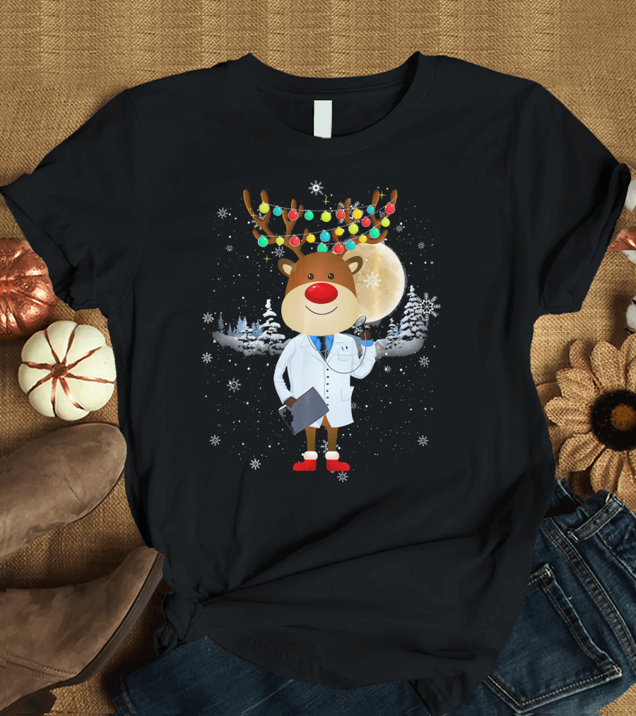 Funny Xmas Reindeer Doctor with Holiday Lights and Moon Snowflakes T-Shirt