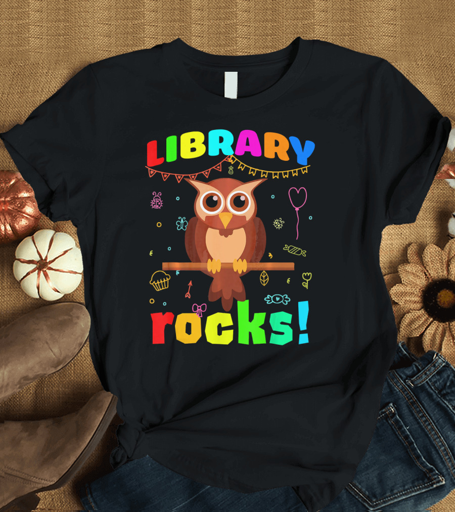 LIBRARY ROCKS Owl with Colorful Doodle Accents T-Shirt