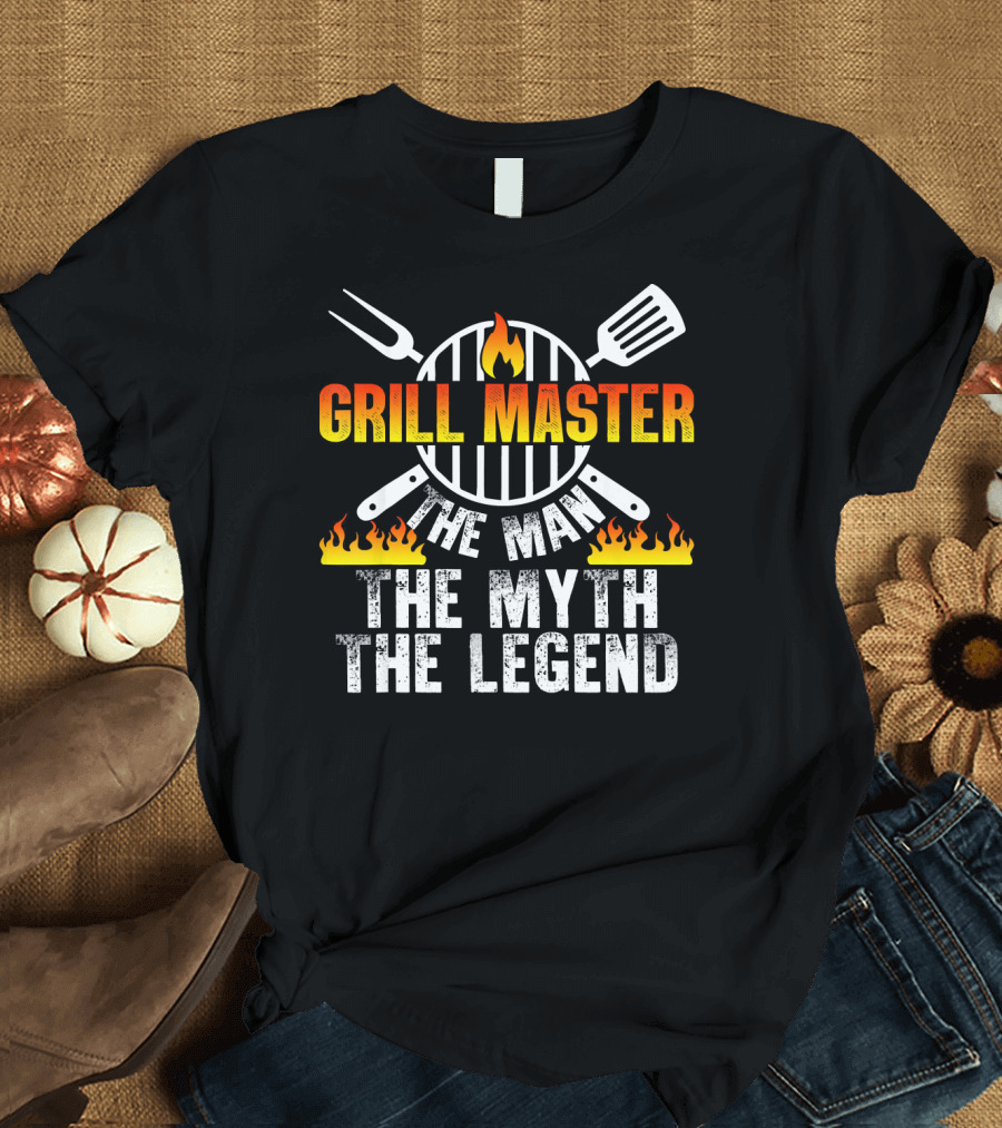 Grill Master The Man The Myth The Legend Iconic BBQ Flames and Utensils T-Shirt