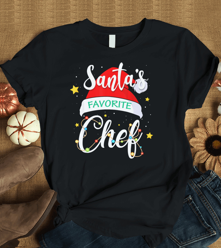Santa's Favorite Chef Christmas Costume with Festive Lights and Stars T-Shirt