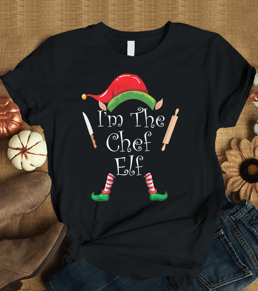 I'm The Chef Elf Christmas Hat Knife Rolling Pin Striped Socks T-Shirt