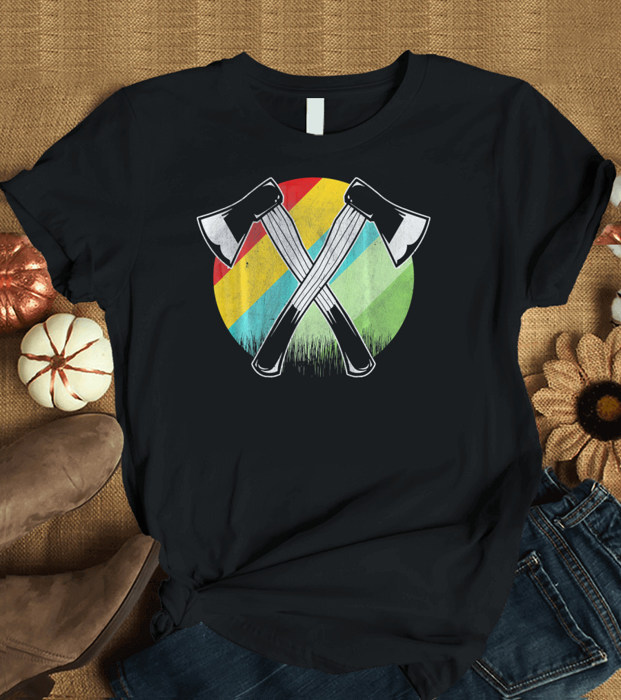 Retro Lumberjack Axes with Colorful Stripes T-Shirt
