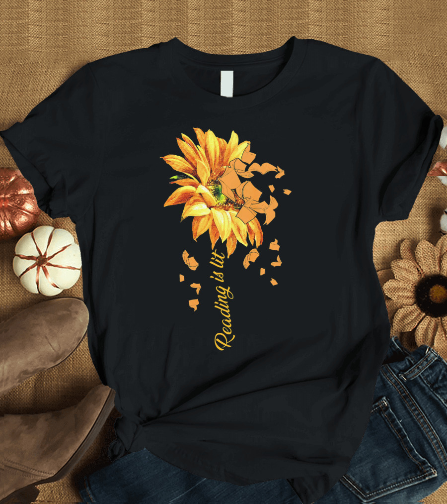 Reading is Lit Sunflower Book Petals T-Shirt