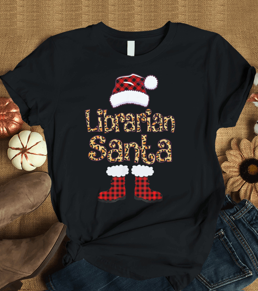 Librarian Santa Plaid Hat Leopard Boots T-Shirt