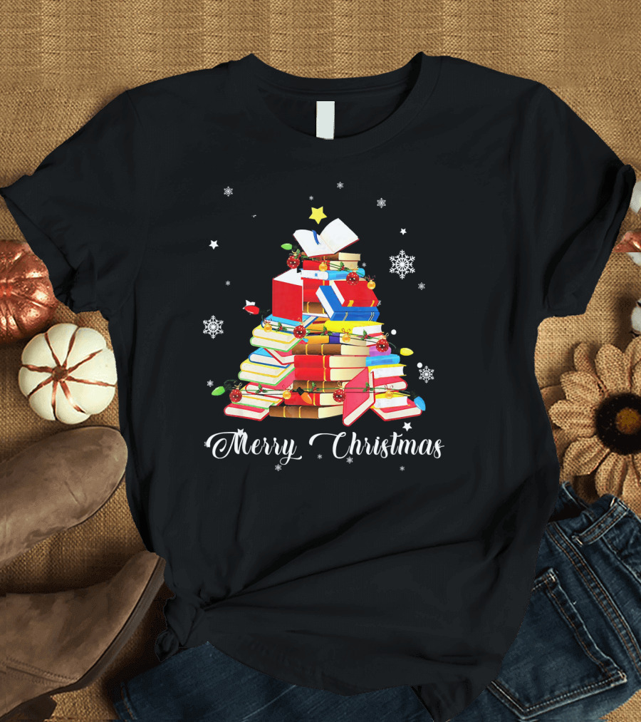 Merry Christmas Book Tree with Stars and Snowflakes T-Shirt