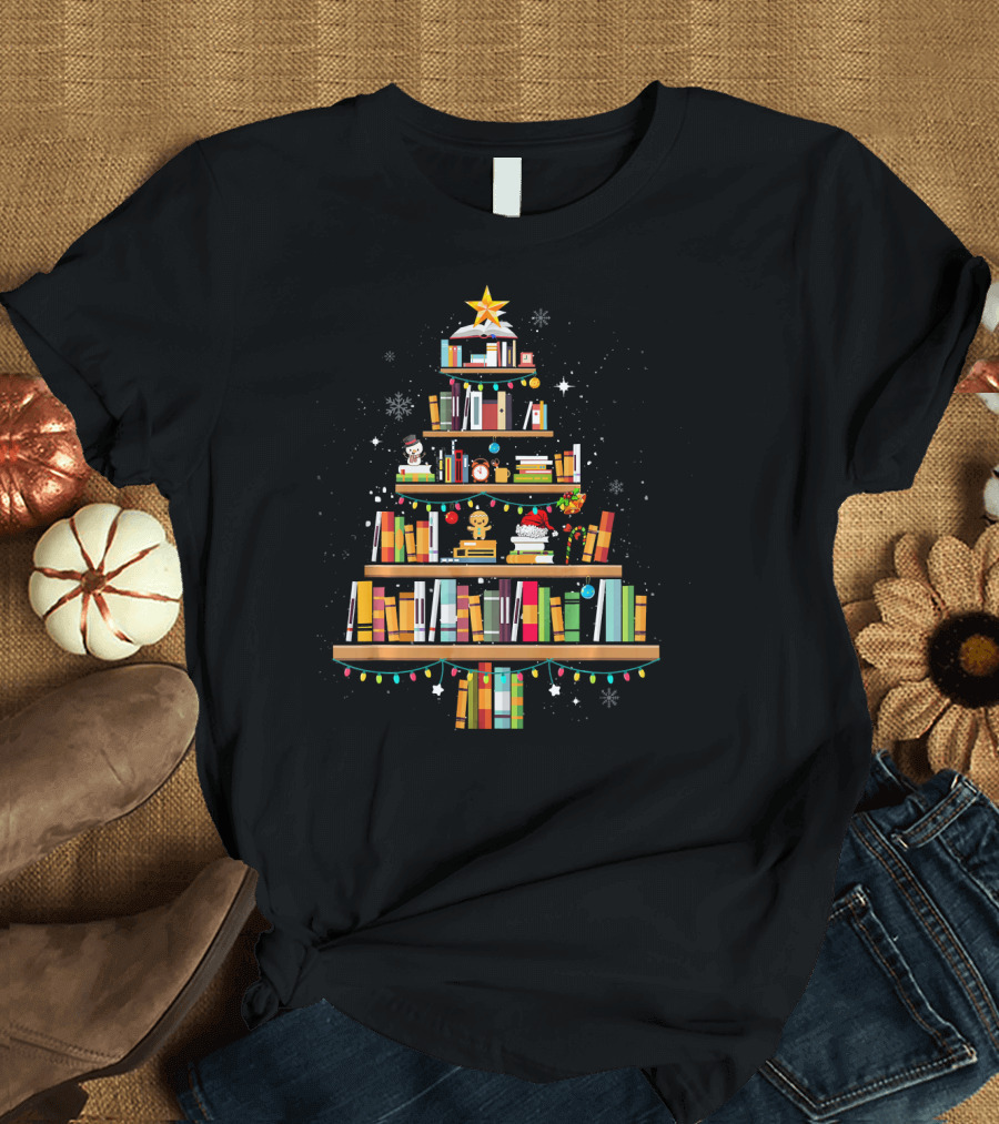 Merry Christmas Library Tree Book Lover Holiday Bookshelf T-Shirt
