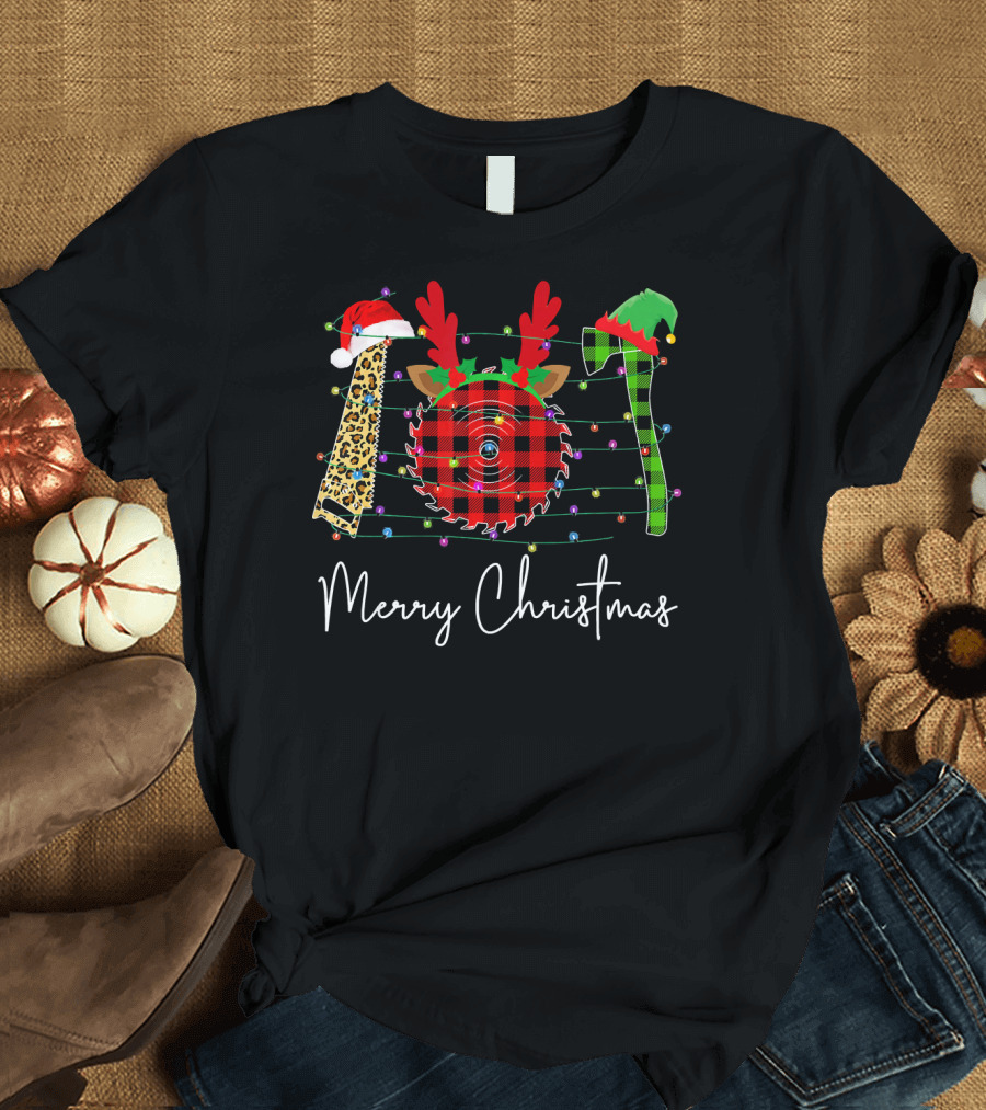 Merry Christmas Santa Carpenter Saw Blade Reindeer Antlers and Lighted Axe T-Shirt