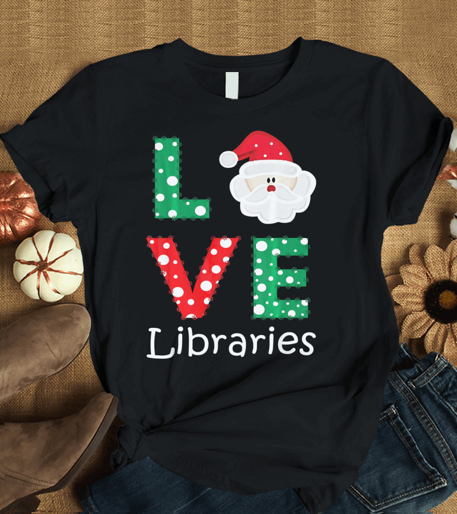 LOVE Libraries Santa Christmas Polka Dots T-Shirt