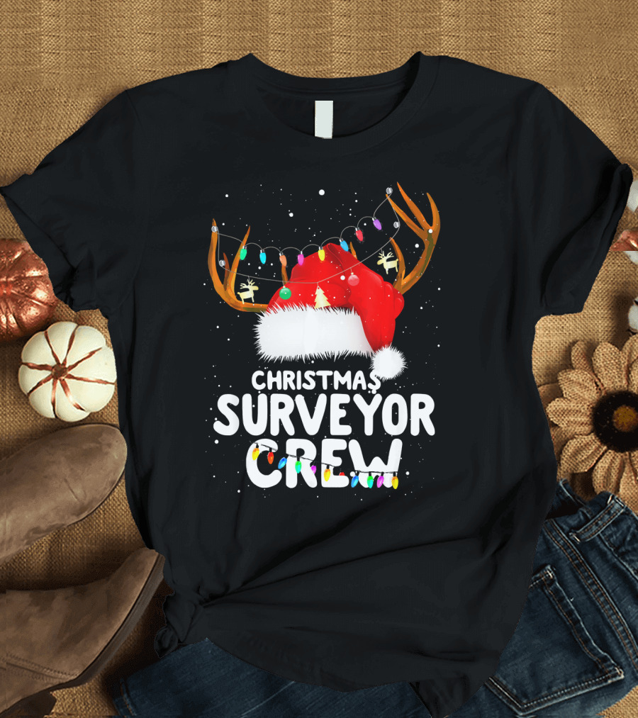 Christmas Surveyor Crew Santa Hat Reindeer Lights T-Shirt