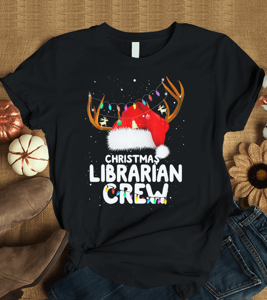 Christmas Librarian Crew Santa Hat Antlers Lights T-Shirt