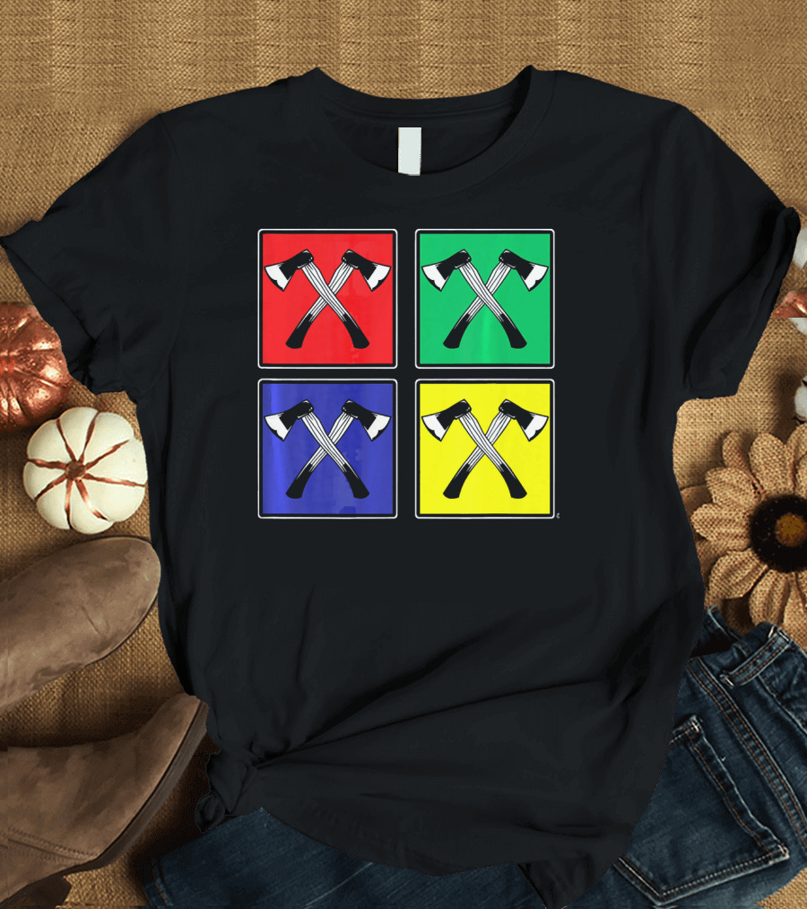 Retro Pop Art Lumberjack Axes Four Square Colors T-Shirt