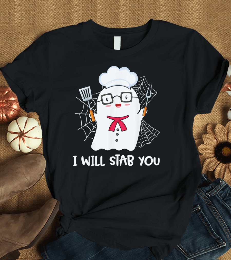 Mens I Will Stab You Chef Ghost Halloween Costume T-Shirt