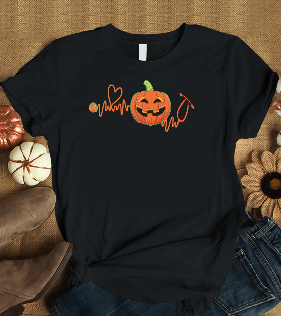 Halloween Pumpkin Stethoscope Heartbeat Nurse Doctor Nursing T-Shirt