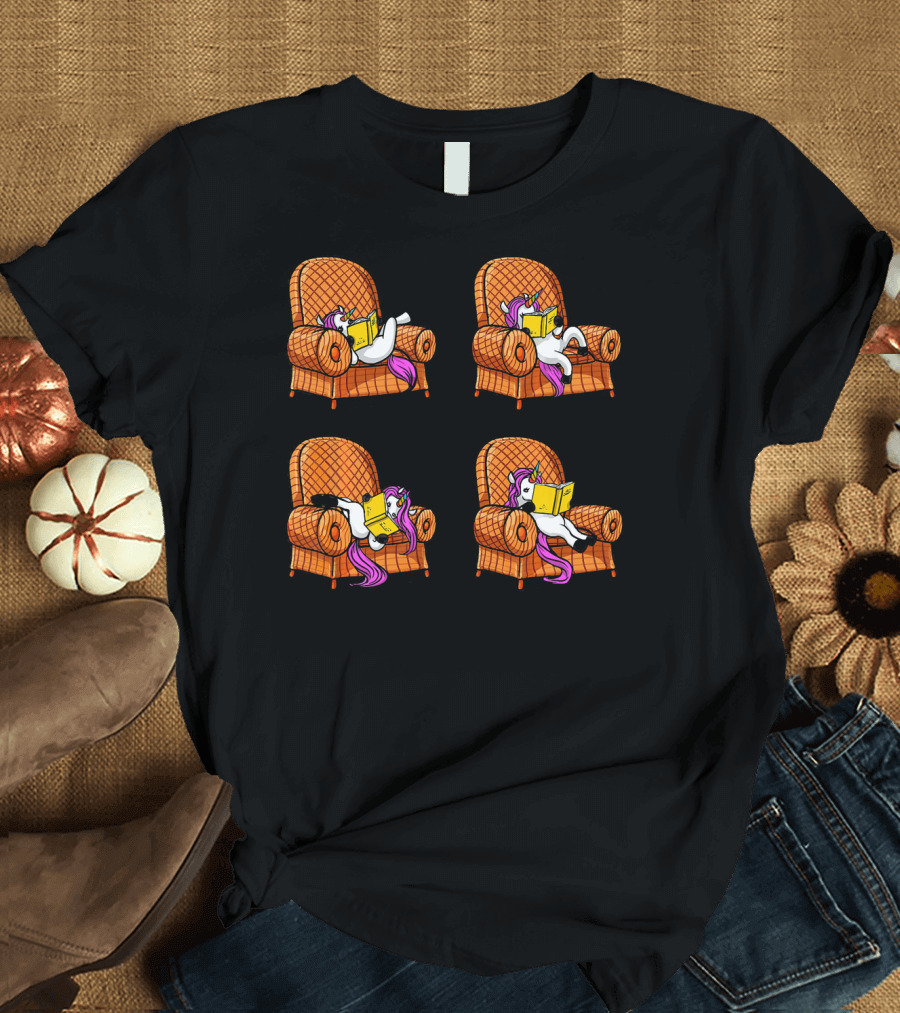 Unicorn Book Reading Lover Poses in Cozy Armchair Positions T-Shirt