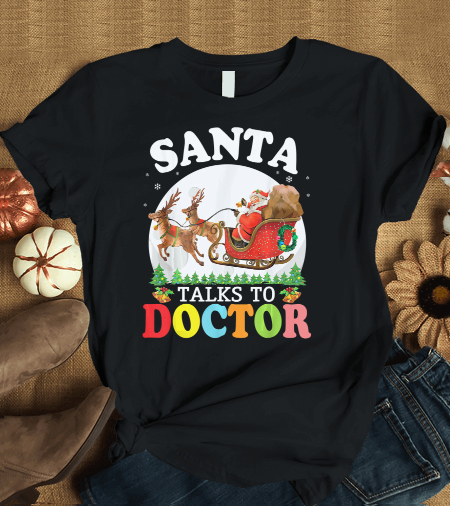 Santa Talks to Doctor with Reindeers and Snow Scene T-Shirt