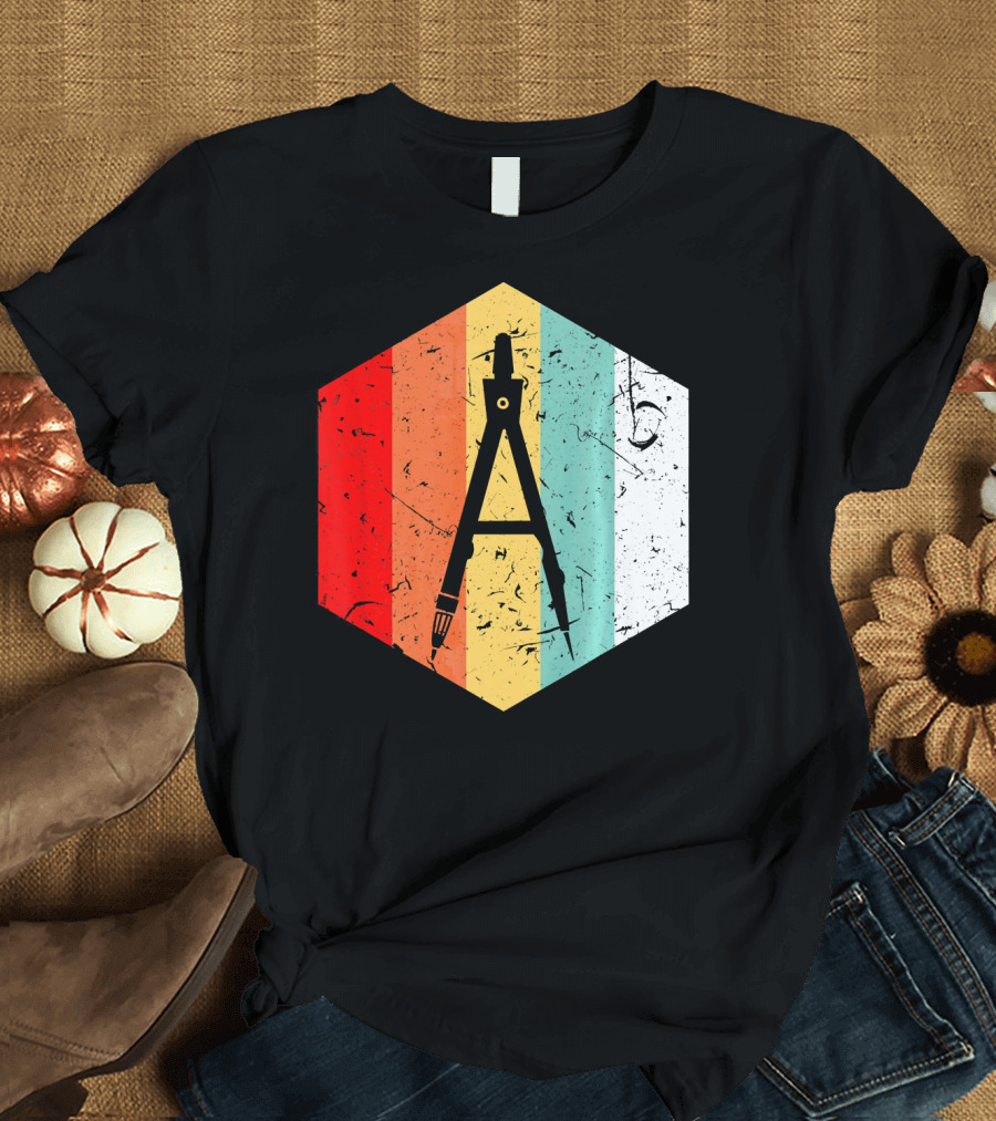 Vintage Retro Compass Divider Hexagon Stripe T-Shirt
