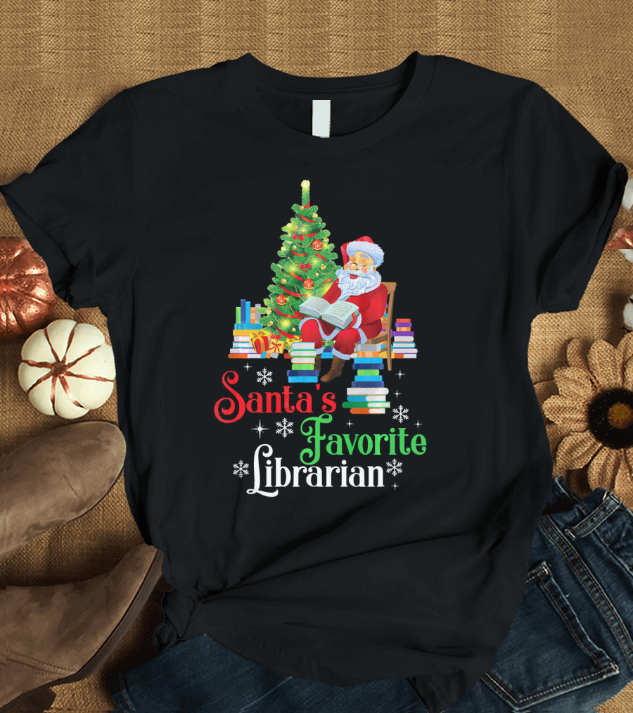 Santa's Favorite Librarian Sitting by Christmas Tree with Books T-Shirt