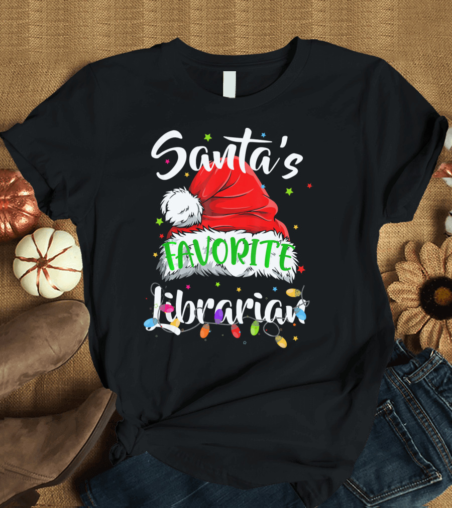 Santa's Favorite Librarian Christmas Hat Lights T-Shirt