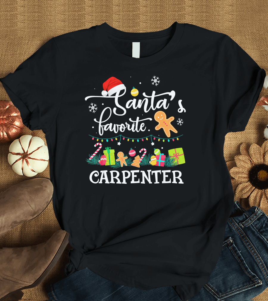 Santa's Favorite Carpenter Christmas Gingerbread Lights Snowflakes T-Shirt