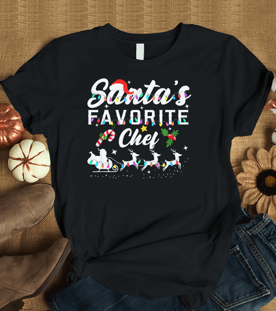 Santa's Favorite Chef Christmas Lights Reindeer Sleigh T-Shirt