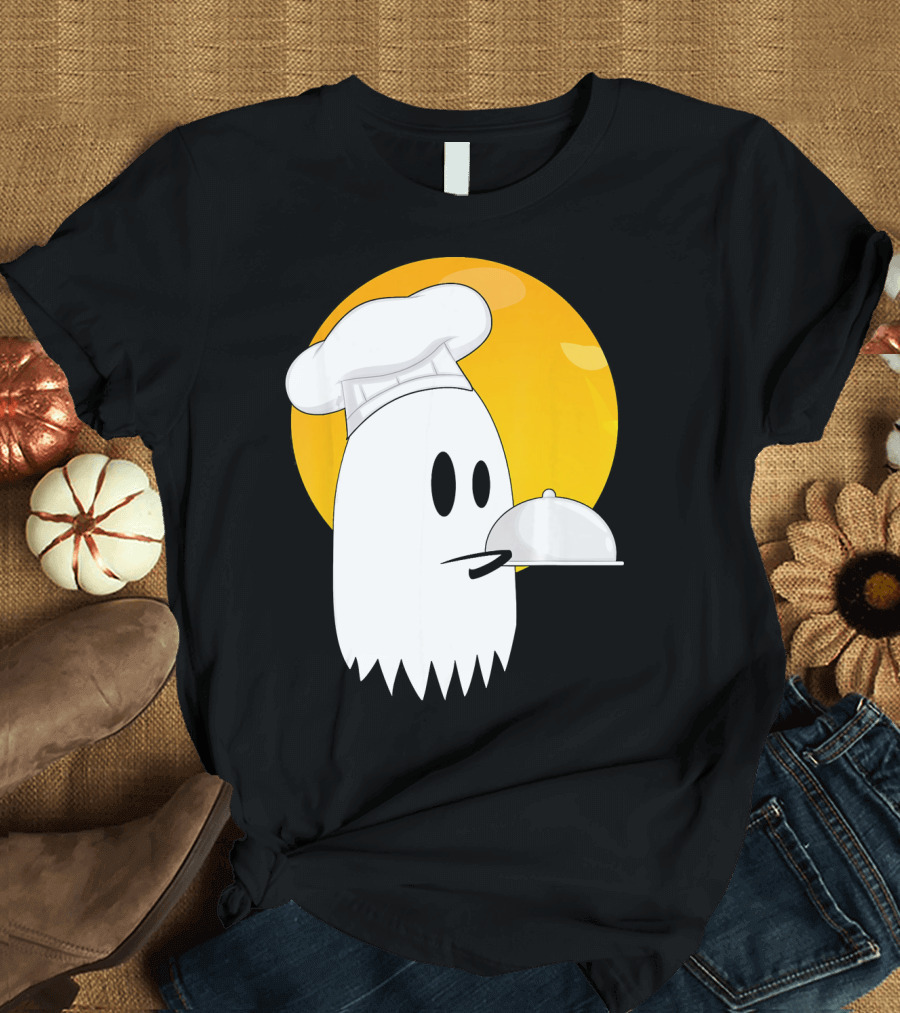 Spooky Ghost Cooking Chef Halloween Cost Dish Serving Ghost in Chef Hat with Moon Background T-Shirt