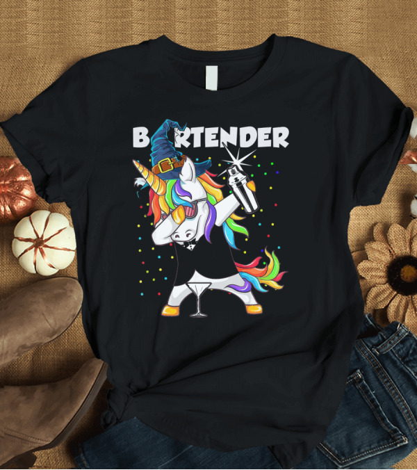 T-Shirt: Bartender Unicorn Witch Dabbing with Cocktail Shaker and Hat T-Shirt Bartender Unicorn Witch Dabbing with Cocktail Shaker and Hat T-Shirt