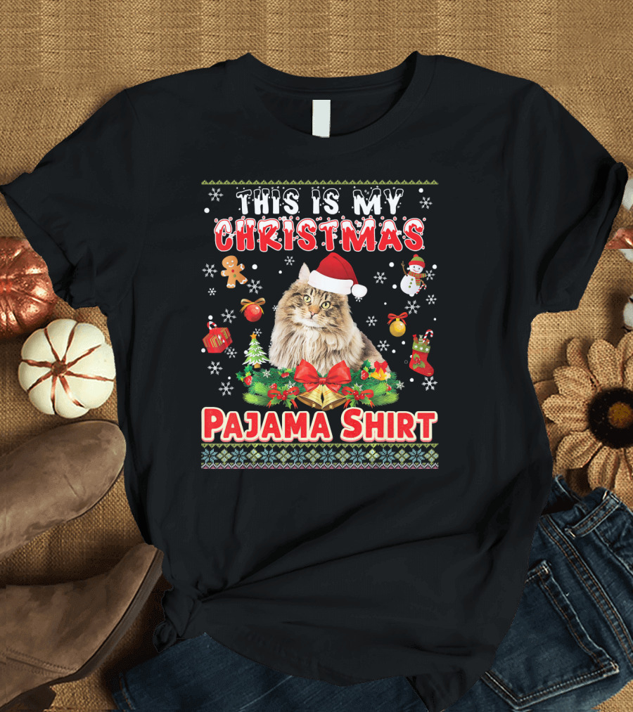 This Is My Christmas Pajama Shirt Cat in Santa Hat with Gingerbread Man Snowman Stockings T-Shirt