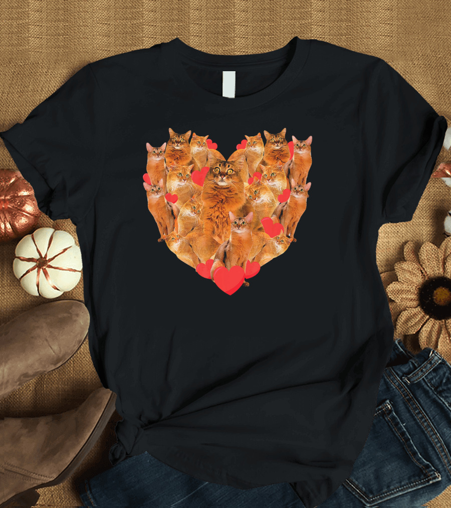 Valentines Day Somali Cat Heart Design with Red Hearts T-Shirt