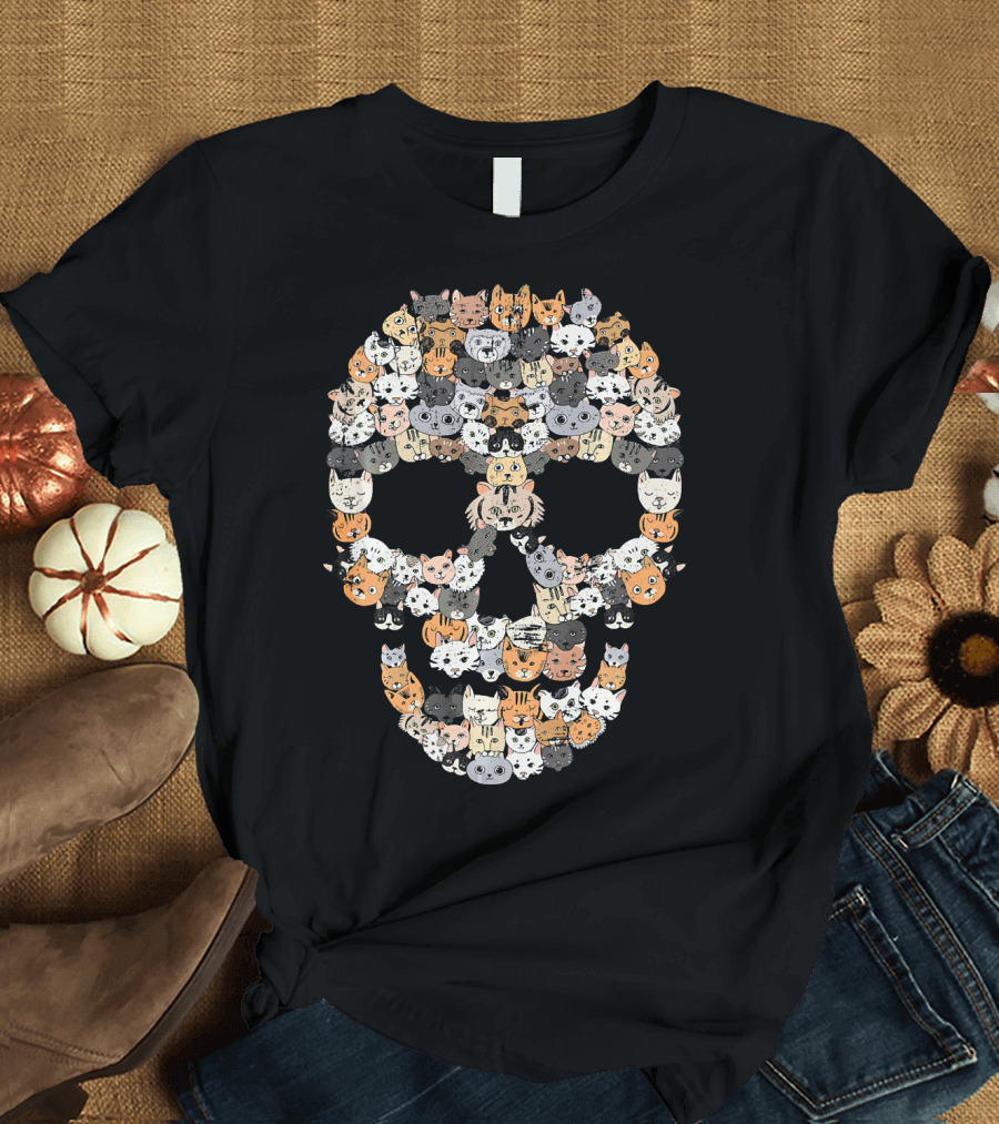 Kitten Skull Creepy Feline Skeleton Cat Faces T-Shirt
