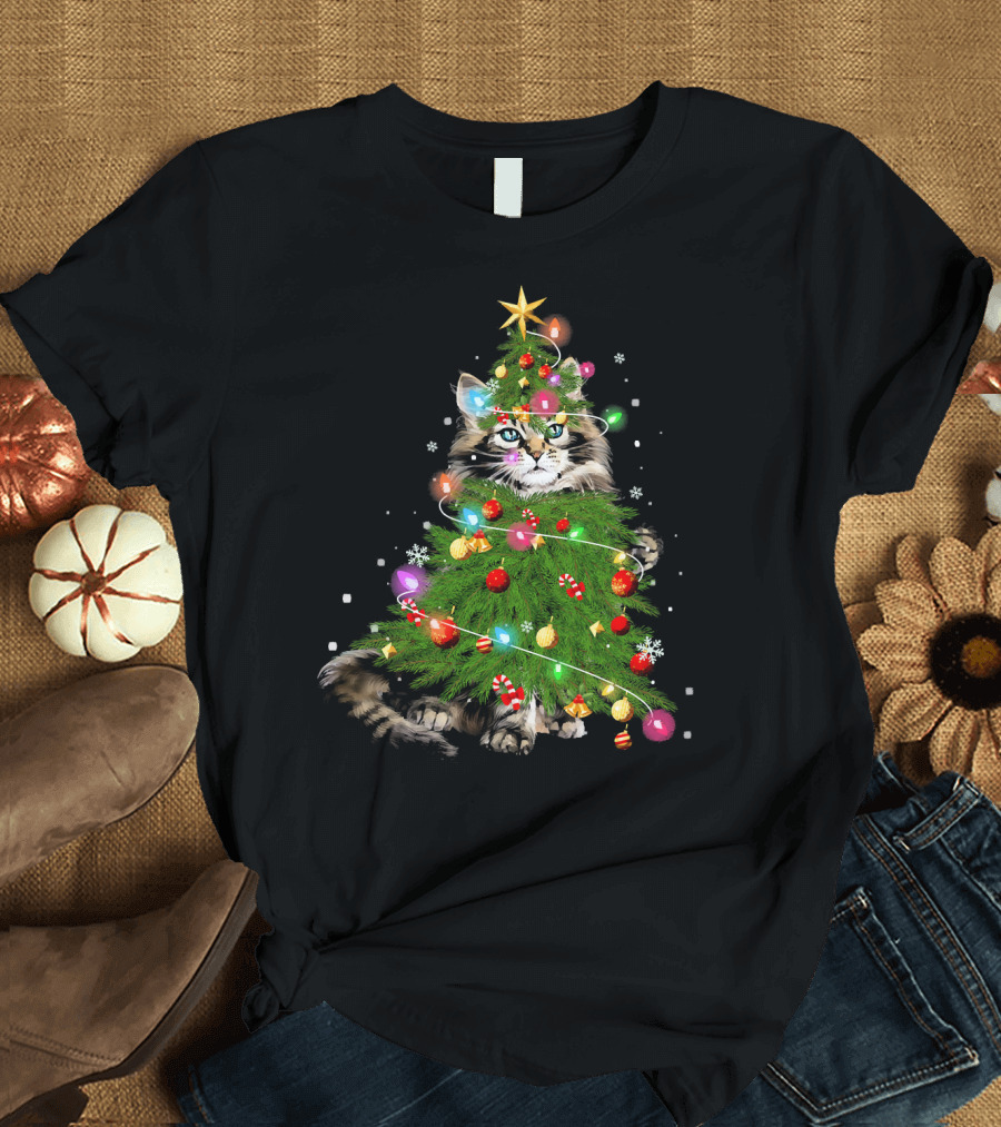 Cute Maine Coon Cat Surrounded by Christmas Tree Lights and Ornaments T-Shirt