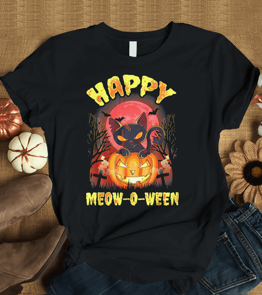 Happy Meow O Ween Halloween Cat Zombie Pumpkin Moon Bats T-Shirt