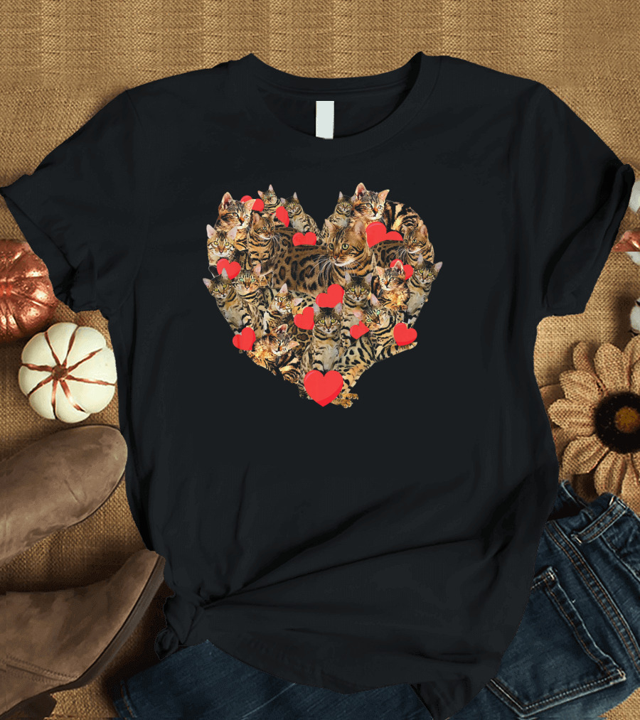 Valentines Day Bengal Cat Heart Cluster with Red Hearts T-Shirt