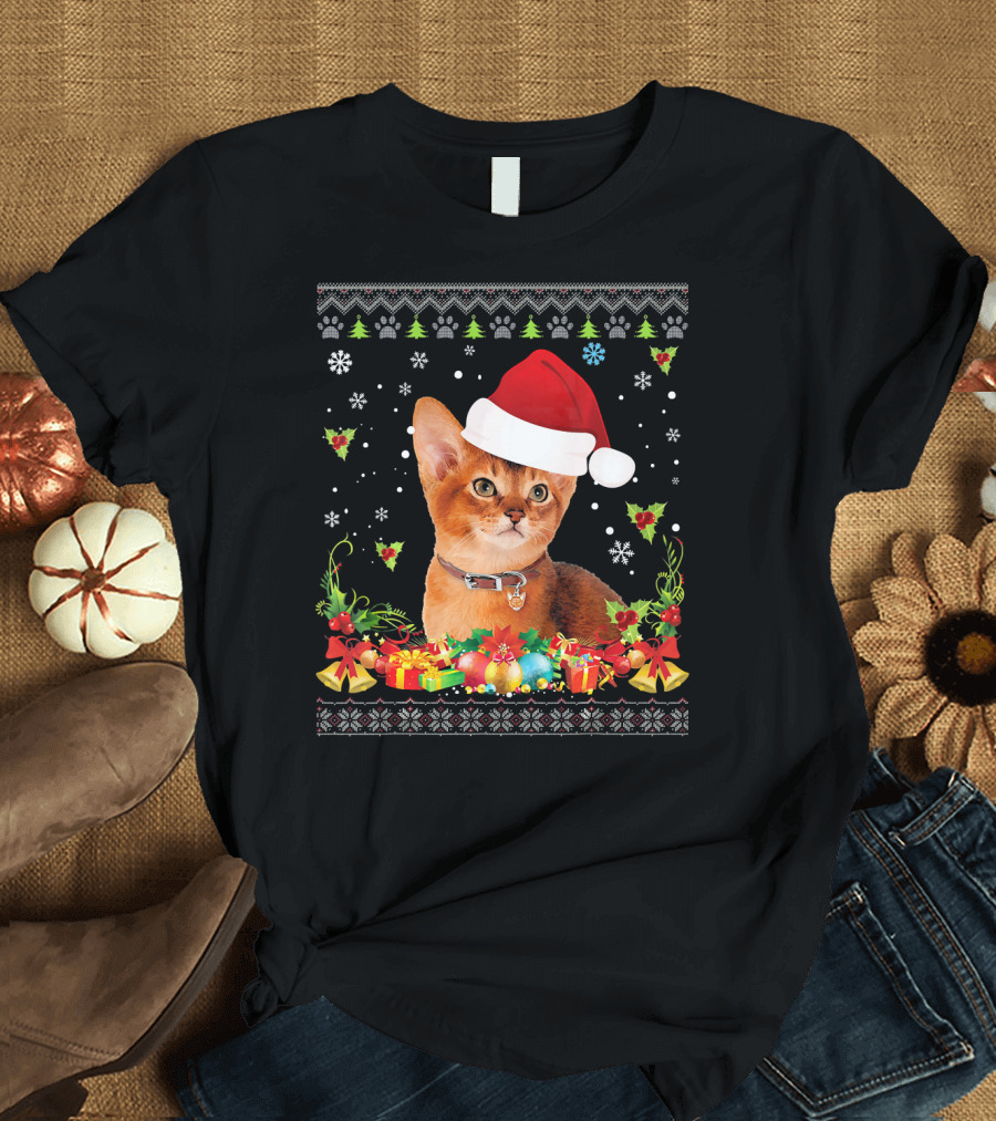 Abyssinian Cat in Santa Hat with Christmas Gifts Ugly T-Shirt