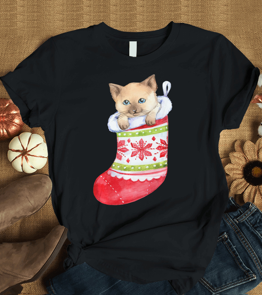 Cute Kitten in Christmas Stocking with Festive Snowflake T-Shirt