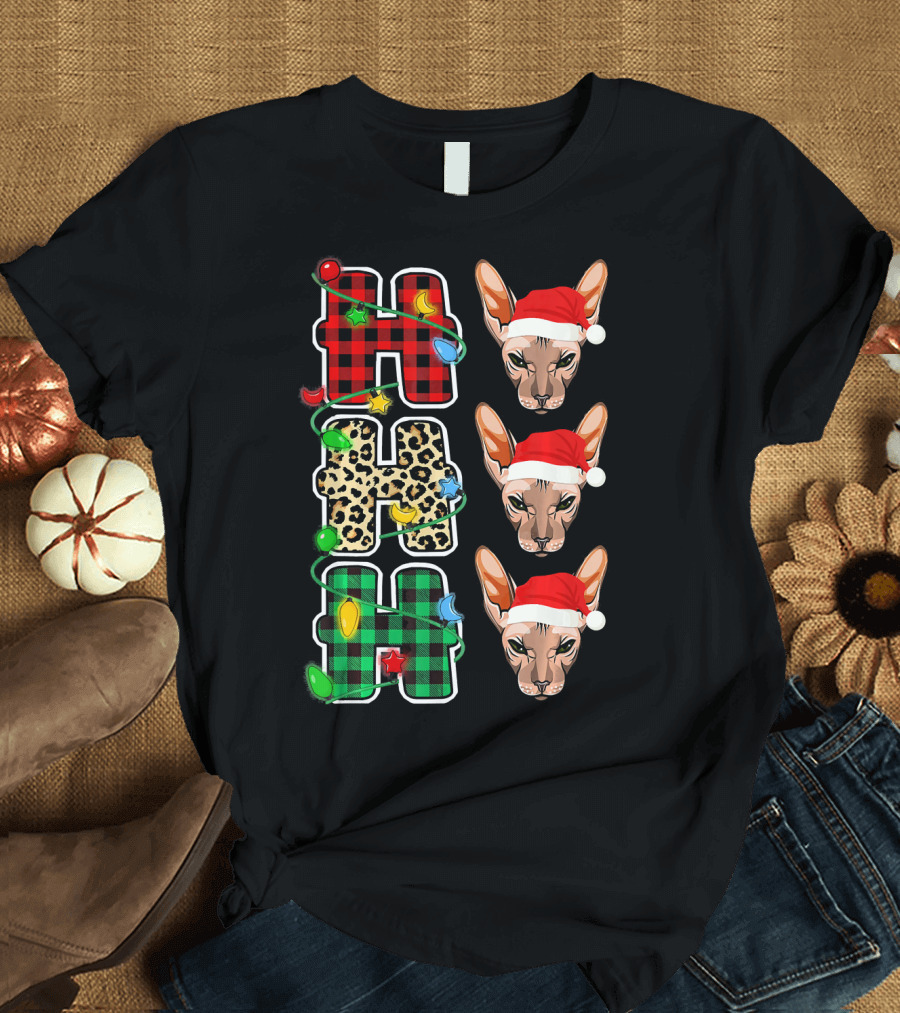 HO HO HO Santa Hat Sphynx Cat Plaid Leopard Holiday Lights T-Shirt